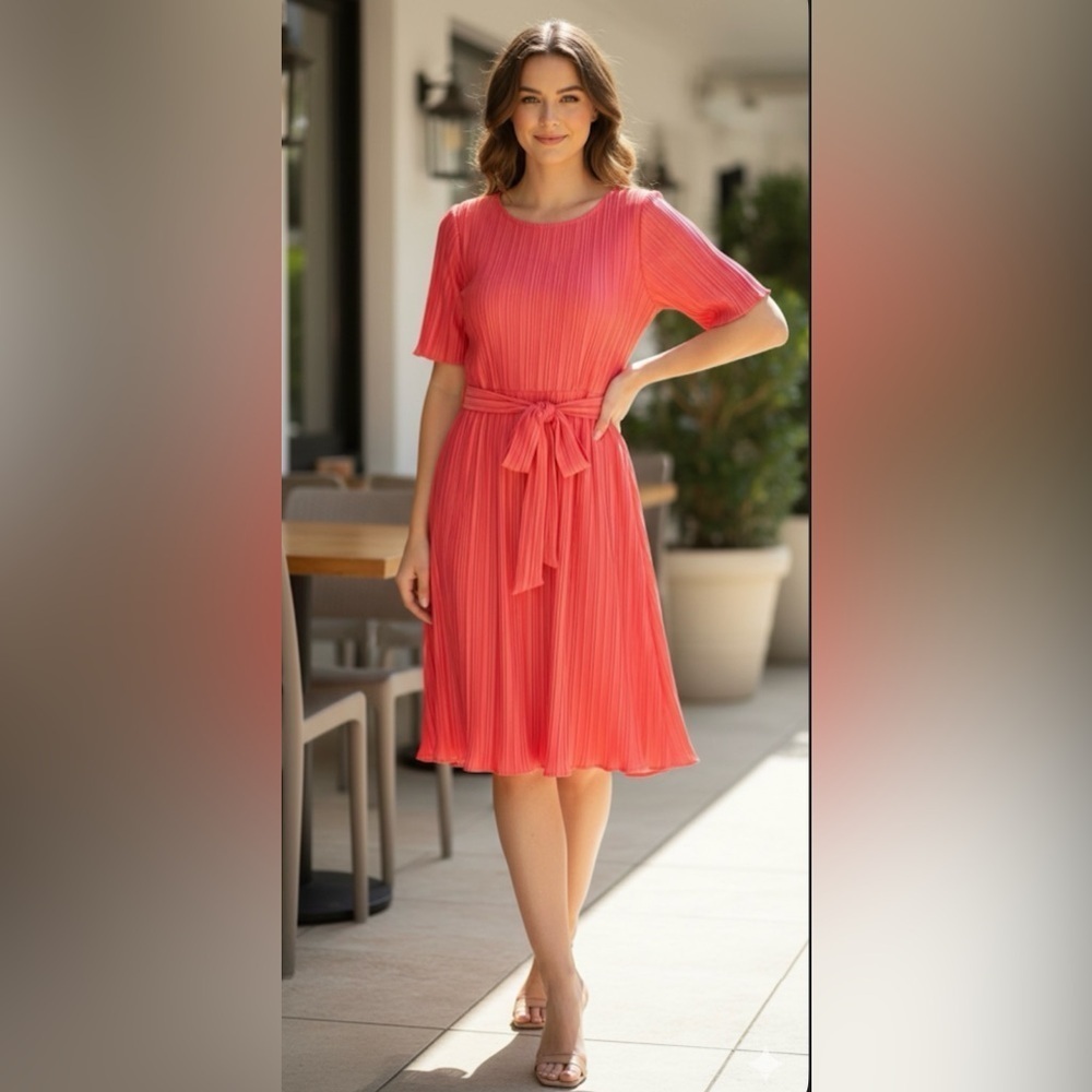 DKNY Orange Pleated Puff Sleeve Mini Dress